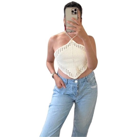MINKPINK Revolve Cropped Halter Crochet Top White Small - Picture 1 of 3